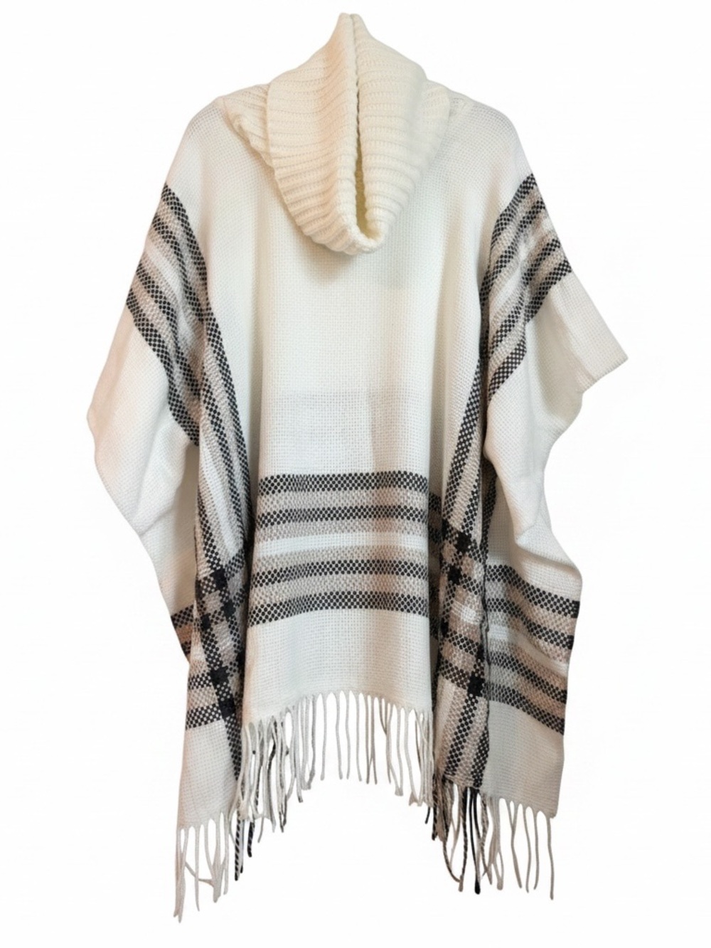 Trending V. FRAAS Cream Cowl Neck Fringe Plaid Poncho